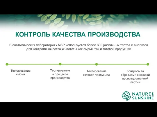 КОНТРОЛЬ КАЧЕСТВА ПРОИЗВОДСТВА В аналитических лабораториях NSP используется более 600 различных тестов