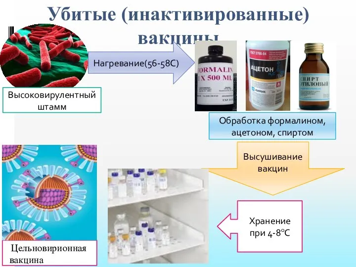 Убитые (инактивированные) вакцины Цельновирионная вакцина Нагревание(56-58С) Обработка формалином, ацетоном, спиртом Высоковирулентный штамм