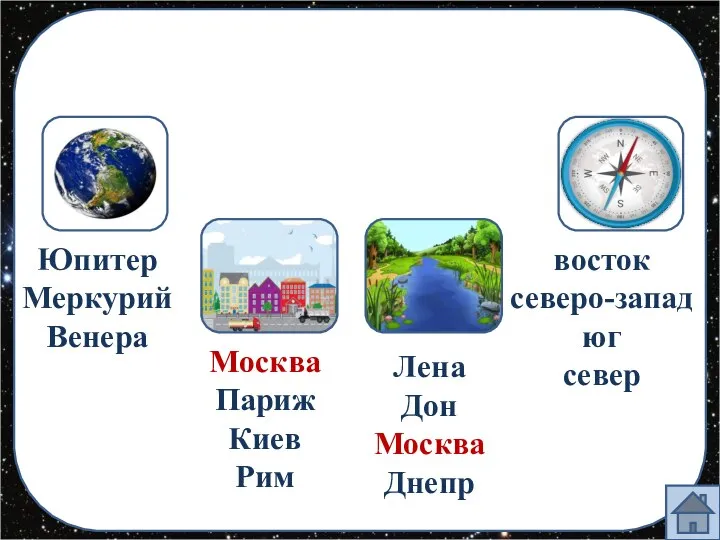 Юпитер Меркурий Венера Москва Париж Киев Рим Лена Дон Москва Днепр восток северо-запад юг север