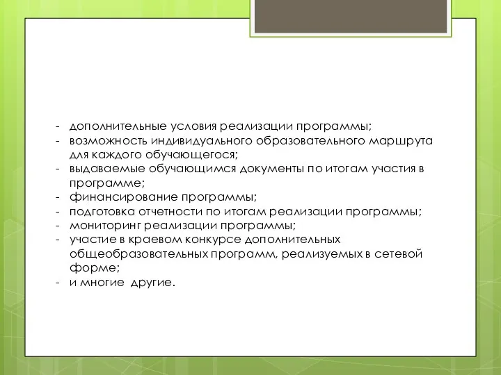 дополнительные условия реализации программы; возможность индивидуального образовательного маршрута для каждого обучающегося; выдаваемые