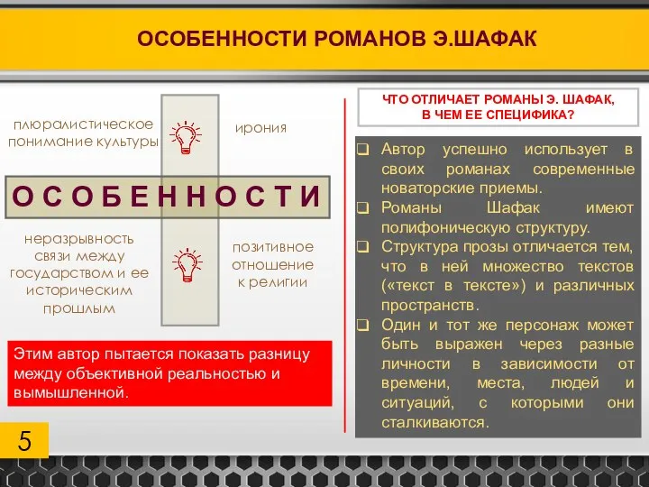 5 ОСОБЕННОСТИ РОМАНОВ Э.ШАФАК О С О Б Е Н Н О