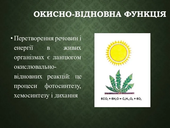 ОКИСНО-ВІДНОВНА ФУНКЦІЯ Перетворення речовин і енергії в живих організмах є ланцюгом окислювально-відновних