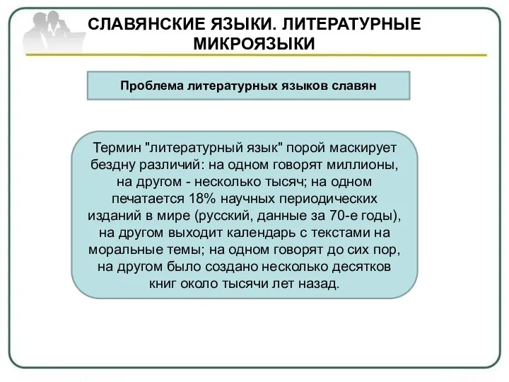 СЛАВЯНСКИЕ ЯЗЫКИ. ЛИТЕРАТУРНЫЕ МИКРОЯЗЫКИ Проблема литературных языков славян Термин "литературный язык" порой