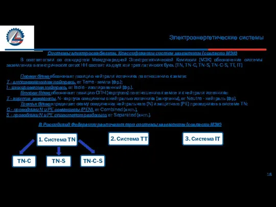 Электроэнергетические системы 18 Системы электроснабжения. Классификация систем заземления (согласно МЭК) В соответствии