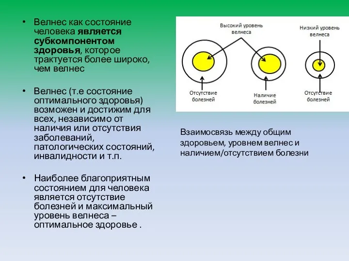 Велнес как состояние человека является субкомпонентом здоровья, которое трактуется более широко, чем