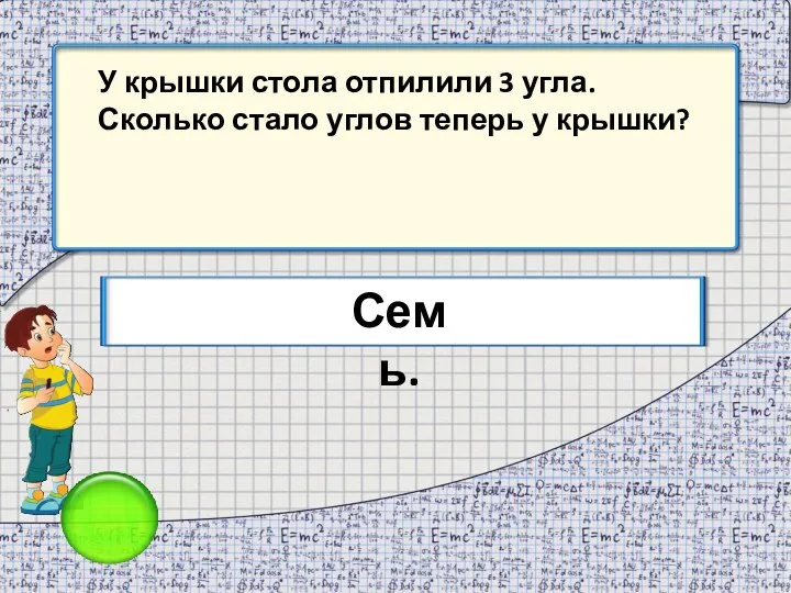 У крышки стола отпилили 3 угла. Сколько стало углов теперь у крышки? Семь.