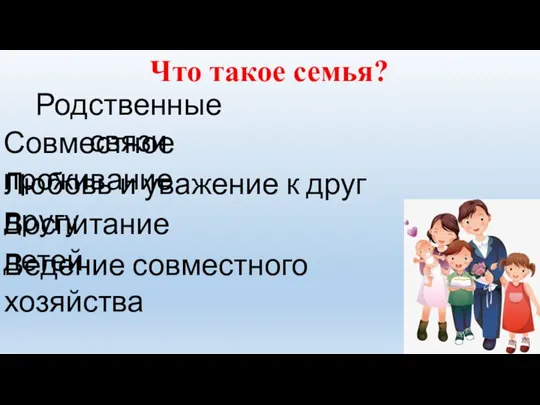 Что такое семья? Родственные связи Совместное проживание Любовь и уважение к друг