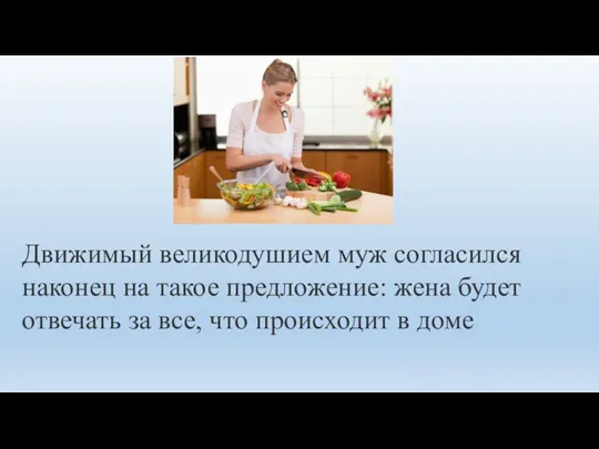 Движимый великодушием муж согласился наконец на такое предложение: жена будет отвечать за