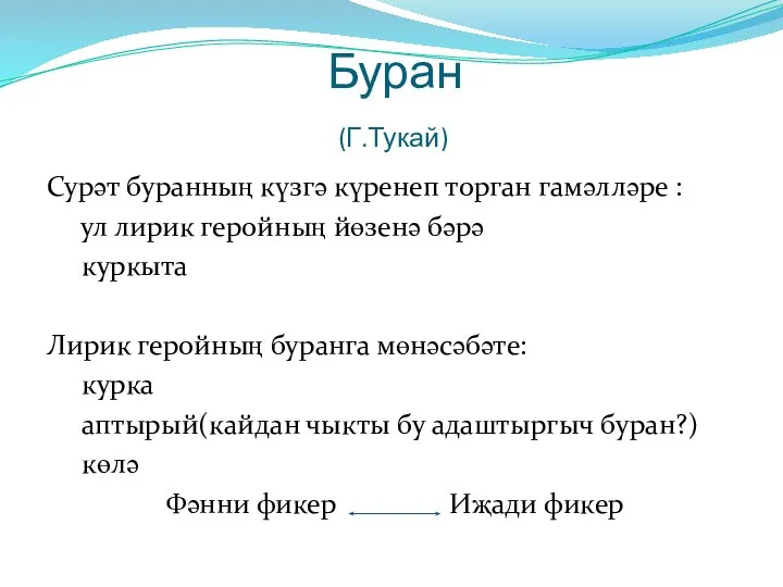 Буран (Г.Тукай) Сурәт буранның күзгә күренеп торган гамәлләре : ул лирик геройның