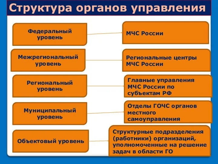 Структура органов управления Федеральный уровень Межрегиональный уровень Региональный уровень Муниципальный уровень Объектовый