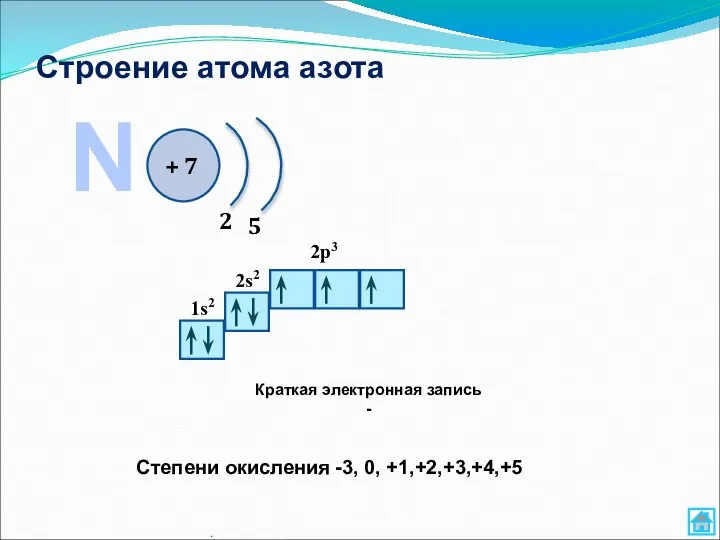 Строение атома азота . N + 7 2 5 1s2 2s2 2p3