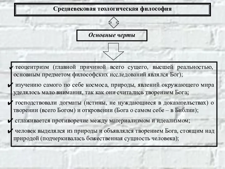 Средневековая теологическая философия Основные черты теоцентризм (главной причиной всего сущего, высшей реальностью,