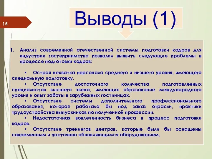 Выводы (1): Анализ современной отечественной системы подготовки кадров для индустрии гостеприимства позволил