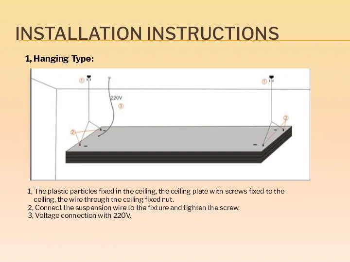 INSTALLATION INSTRUCTIONS 1, Hanging Type: 1, The plastic particles fixed in the