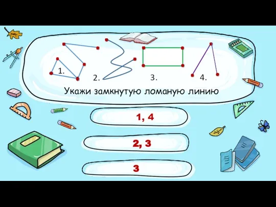 2, 3 3 1, 4 Укажи замкнутую ломаную линию 1. 2. 3. 4. .