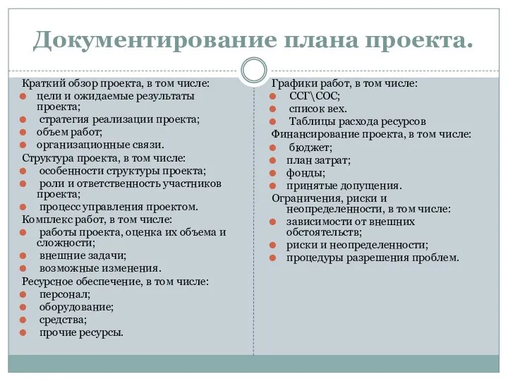 Документирование плана проекта. Краткий обзор проекта, в том числе: цели и ожидаемые