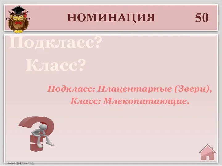 НОМИНАЦИЯ 50 Подкласс? Класс? Подкласс: Плацентарные (Звери), Класс: Млекопитающие.