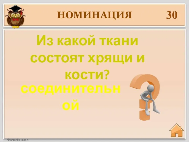 НОМИНАЦИЯ 30 Из какой ткани состоят хрящи и кости? соединительной