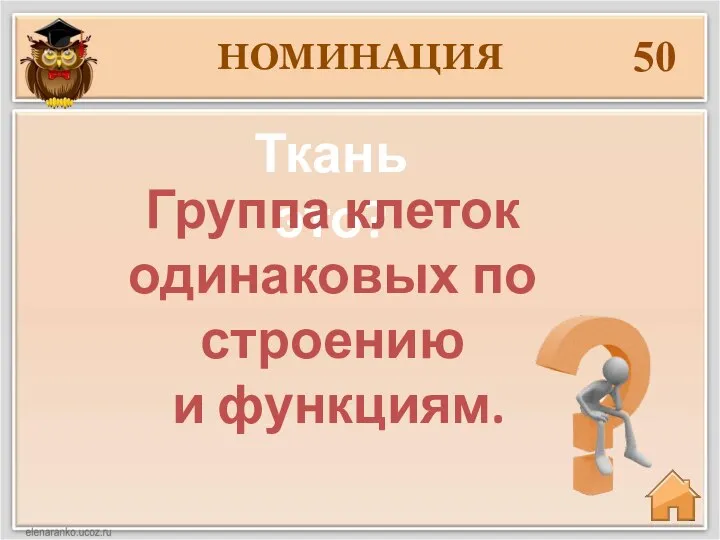 НОМИНАЦИЯ 50 Ткань это? Группа клеток одинаковых по строению и функциям.