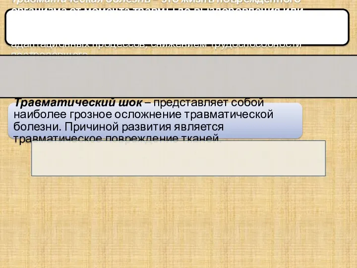 Травматическая болезнь – это жизнь поврежденного организма от момента травмы до выздоровления