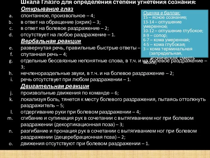 Шкала Глазго для определения степени угнетения сознания: Открывание глаз спонтанное, произвольное –