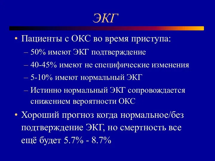 ЭКГ Пациенты с ОКС во время приступа: 50% имеют ЭКГ подтверждение 40-45%