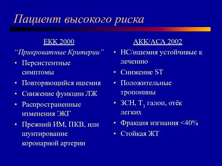 Пациент высокого риска ЕКК 2000 “Прикроватные Критерии” Персистентные симптомы Повторяющийся ишемия Снижение