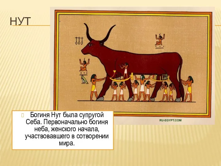 НУТ Богиня Нут была супругой Себа. Первоначально богиня неба, женского начала, участвовавшего в сотворении мира.