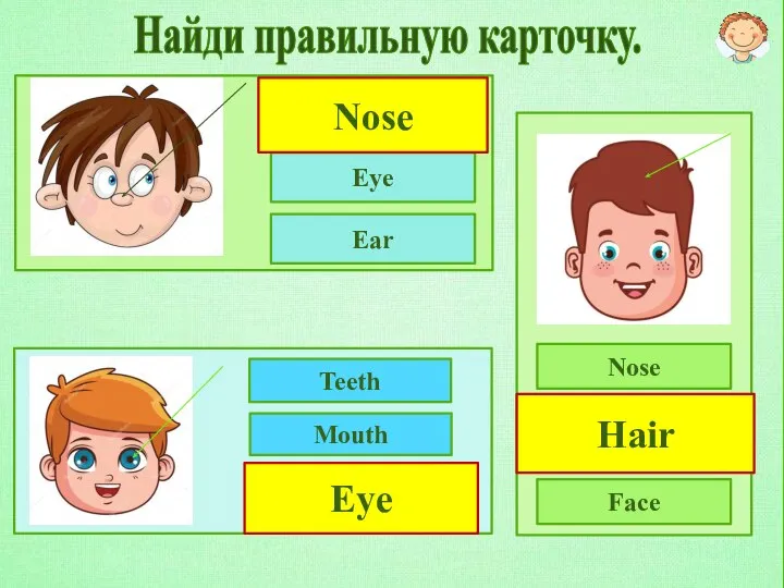 Найди правильную карточку. Nose Eye Ear Nose Hair Face Teeth Mouth Eye Nose Hair Eye