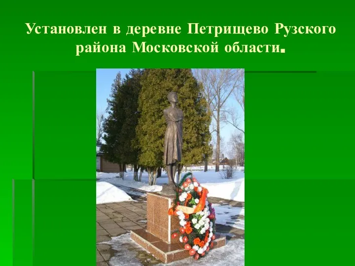 Установлен в деревне Петрищево Рузского района Московской области.