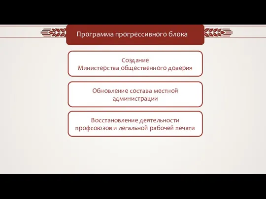 Программа прогрессивного блока Создание Министерства общественного доверия Обновление состава местной администрации Восстановление