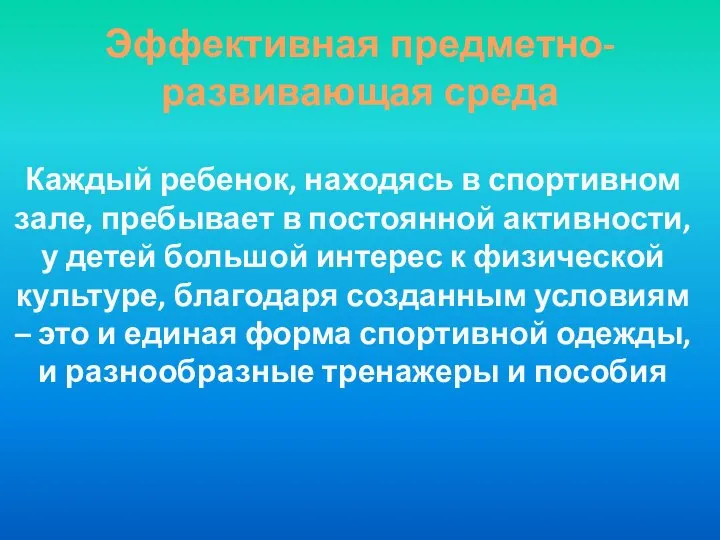 Эффективная предметно-развивающая среда Каждый ребенок, находясь в спортивном зале, пребывает в постоянной