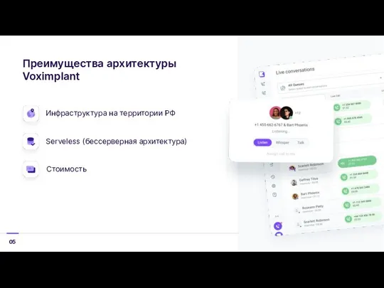 Преимущества архитектуры Voximplant 05 Инфраструктура на территории РФ Serveless (бессерверная архитектура) Стоимость