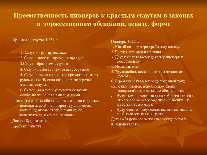 Преемственность пионеров к красным скаутам в законах и торжественном обещании, девизе, форме