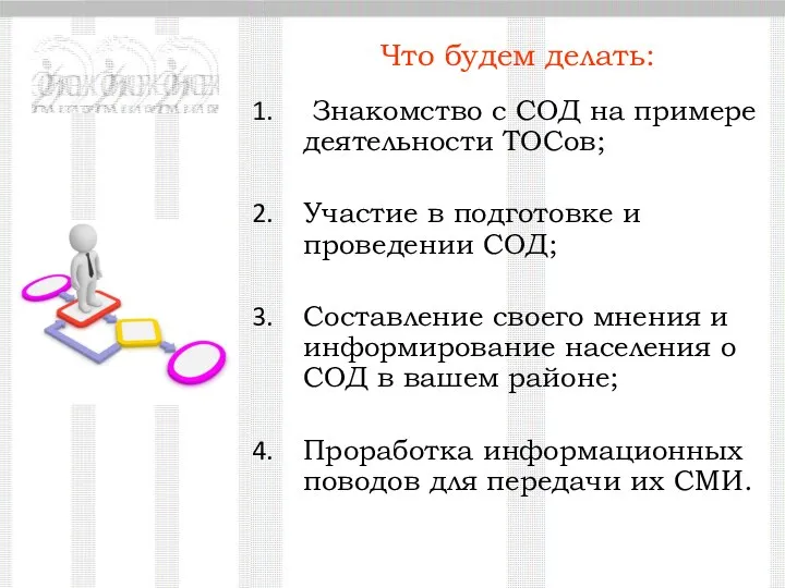 Знакомство с СОД на примере деятельности ТОСов; Участие в подготовке и проведении