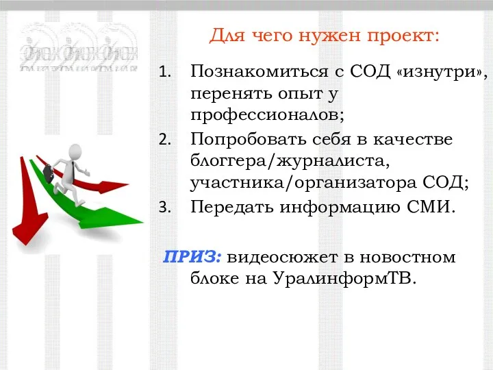 Познакомиться с СОД «изнутри», перенять опыт у профессионалов; Попробовать себя в качестве