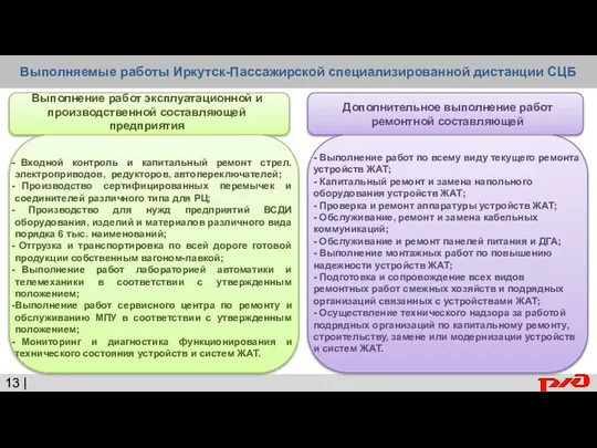 Выполняемые работы Иркутск-Пассажирской специализированной дистанции СЦБ 13 | Выполнение работ эксплуатационной и