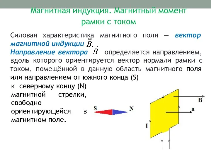 Силовая характеристика магнитного поля — вектор магнитной индукции Направление вектора определяется направлением,