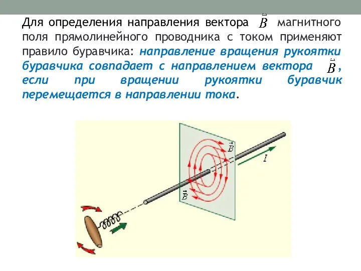 Для определения направления вектора магнитного поля прямолинейного проводника с током применяют правило