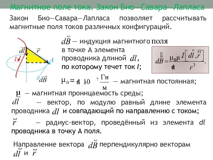 — радиус-вектор, проведённый из элемента dl проводника в точку А поля. Направление