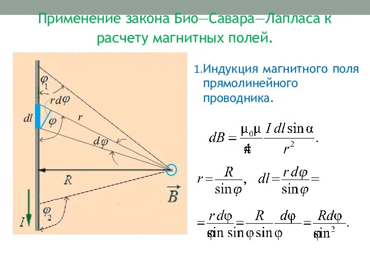 Применение закона Био—Савара—Лапласа к расчету магнитных полей. Индукция магнитного поля прямолинейного проводника.