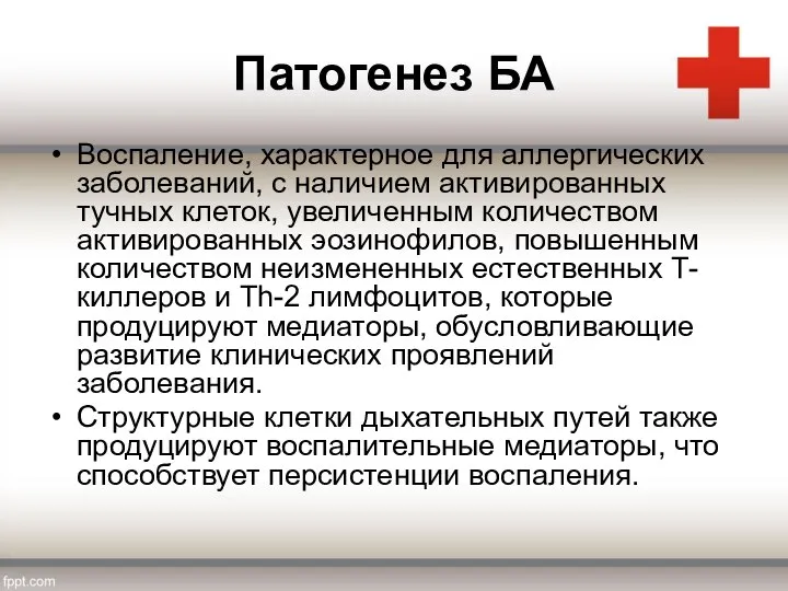 Патогенез БА Воспаление, характерное для аллергических заболеваний, с наличием активированных тучных клеток,