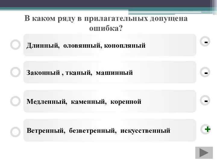 В каком ряду в прилагательных допущена ошибка? Длинный, оловянный, конопляный Законный ,