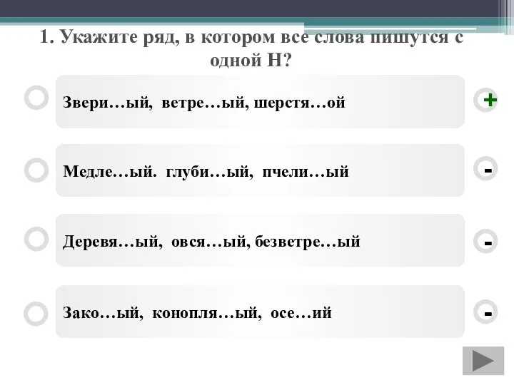 1. Укажите ряд, в котором все слова пишутся с одной Н? Звери…ый,