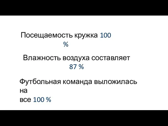 Посещаемость кружка 100 % Влажность воздуха составляет 87 % Футбольная команда выложилась на все 100 %