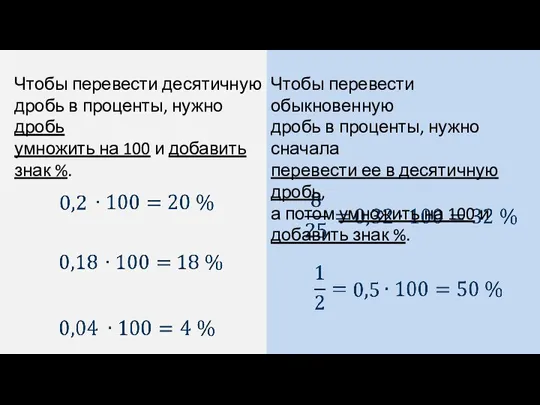 Чтобы перевести десятичную дробь в проценты, нужно дробь умножить на 100 и