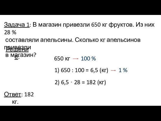 Задача 1: В магазин привезли 650 кг фруктов. Из них 28 %