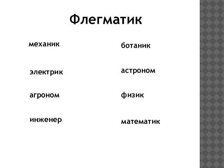 Флегматик механик электрик агроном инженер ботаник астроном физик математик