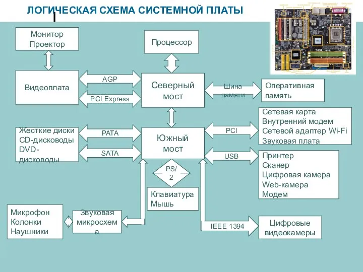 ЛОГИЧЕСКАЯ СХЕМА СИСТЕМНОЙ ПЛАТЫ Северный мост Процессор Южный мост Оперативная память Шина