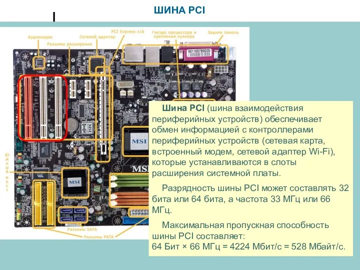 ШИНА PCI Шина PCI (шина взаимодействия периферийных устройств) обеспечивает обмен информацией с